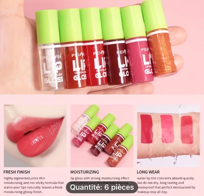 Ensemble de 6 mini huiles à lèvres et gloss en 6 couleurs, formule longue tenue et non collante, avec brosse douce, couleur à lèvres hydratante teintée, huile à lèvres hydratante transparente et brillante