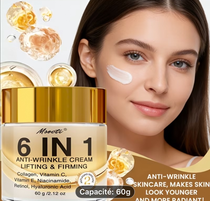 Crème Raffermissante et Liftante 6 en 1 - Hydratation Profonde, Lisse la Peau Sèche, Améliore l'Éclat et l'Élasticité, Soin de la Peau, Donne un Aspect Plus Jeune, Contient Rétinol, Acide Hyaluronique, Niacinamide, Vitamine , Collagène, 60g, Non Grasse