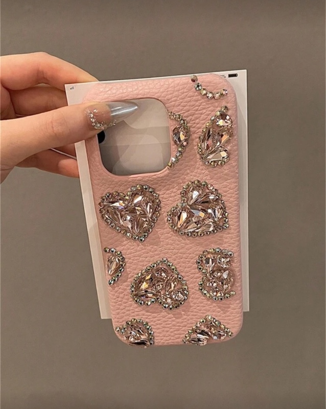 Étui de téléphone en cuir rose avec motif litchi et strass scintillants en forme de cœur, compatible avec iPhone 17 Pro Max/17 Pro/17, 16 Pro Max/16 Pro/16, 15 Pro Max/15 Pro/15, 14 Pro Max/14 Pro/13, anti-chute,