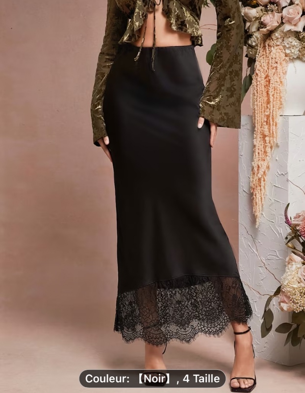 [Pour rendez-vous et fêtes] Jupe Longue Élégante pour Femmes, Couleur Unie avec Garniture en Dentelle à l'Ourlet et Ceinture Élastique. Idéale pour Rendez-vous, Vacances, Fêtes, Bureau, Shopping et Usage Quotidien Décontracté