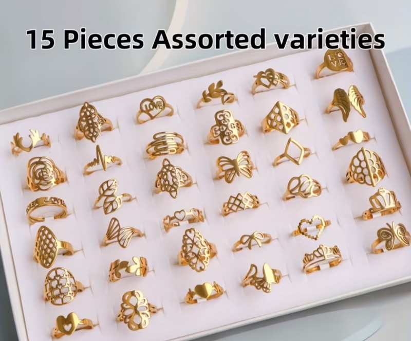 15pcs/Bagues creuses géométriques en acier inoxydable.
