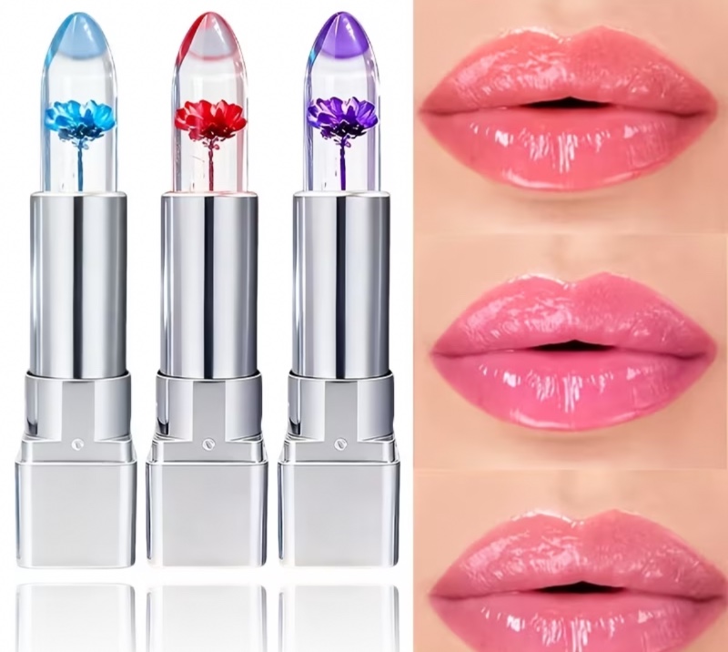 Baume à lèvres changeant de couleur 3 pièces effet pétales de fleurs, hydratant, brillant, transparent et thermosensible, adapté à tous les types de peau