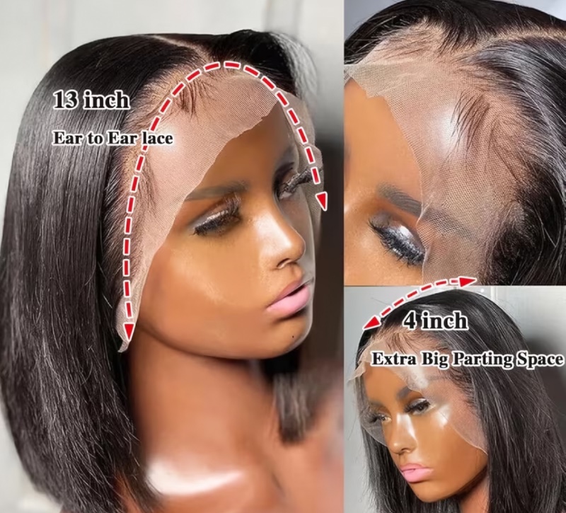 Perruque Bob Droit en Cheveux Humains avec Frontal en Dentelle 13x4 pour Femme, Perruque Bob Court Droit en Cheveux Humains Pré-épluchée avec Baby Hair, Raie Libre, Haute Qualité, Couleur Noire
