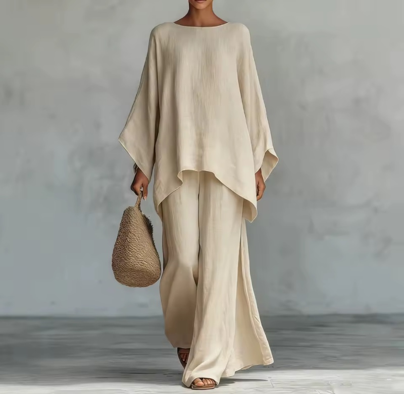 Nouvelle Collection – Ensemble 2 Pièces Femme en Lin : Pantalon Ample à Jambes Larges et Manches Longues – Style Décontracté Rétro Élégant pour le Printemps