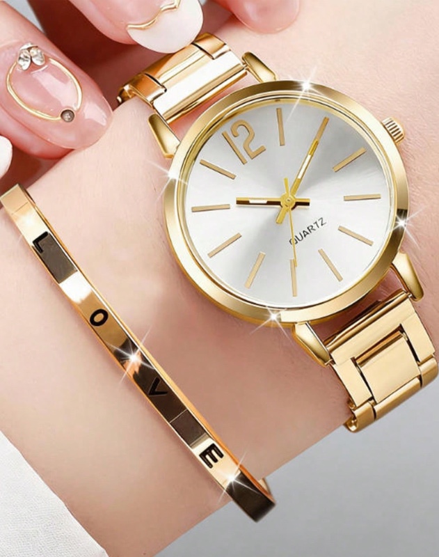 Ensemble de 2 montres de luxe pour femme, en quartz et or, comprenant un bracelet en métal avec inscription « LOVE », un bracelet en alliage, une montre élégante et professionnelle pour les déplacements quotidiens, avec boîtier doré brillant et design per