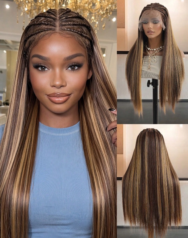 Perruque tressée Lace Front 13*6 avec style bohème sur le dessus de la tête, couleur noire, 76 cm (30 pouces), extra longue et lisse, avec baby hair, pour femme - Cheveux synthétiques résistants à la chaleur,