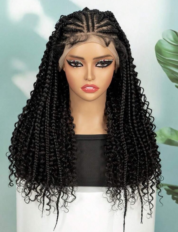 Perruque frontale en dentelle haute définition 13x6, synthétique, mi-tressée, mi-bouclée avec baby hairs, pré-tressée, 56 cm (22 pouces)