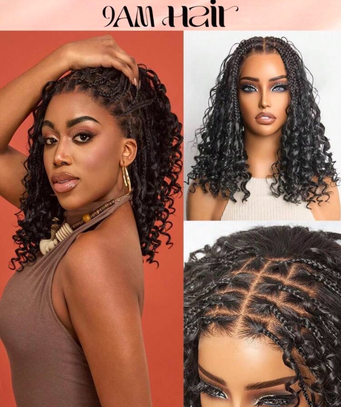Perruque en cheveux humains avec lace front transparente 13x6 pour femme, coupe bob, 7 mèches tressées, couleur chocolat, 25-40 cm, avec baby hair et ligne de cheveux naturelle.