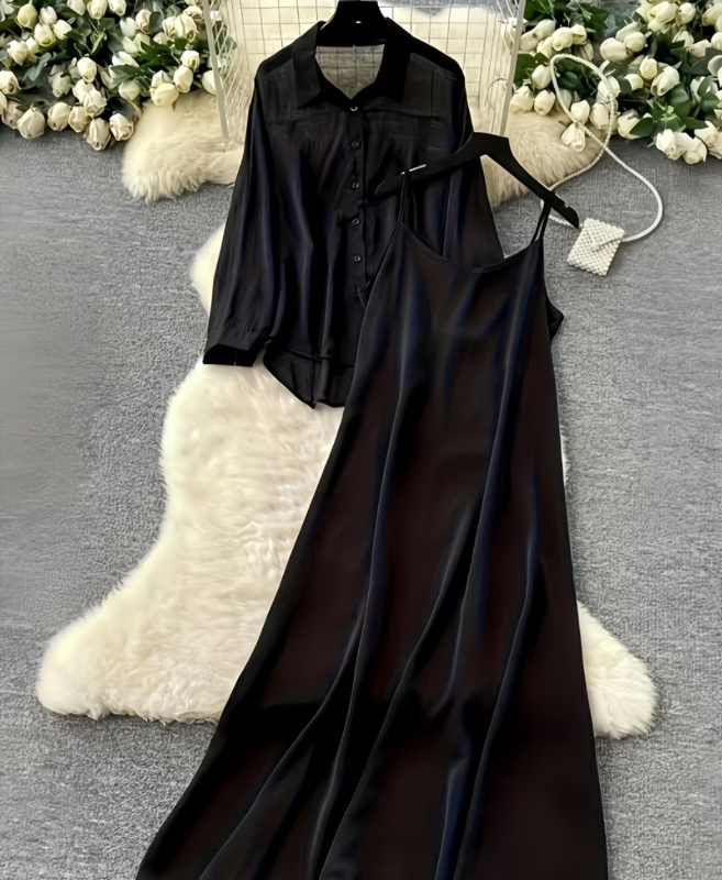 Chemise à col rabattu manches longues  Robe ample avec bretelles spaghetti