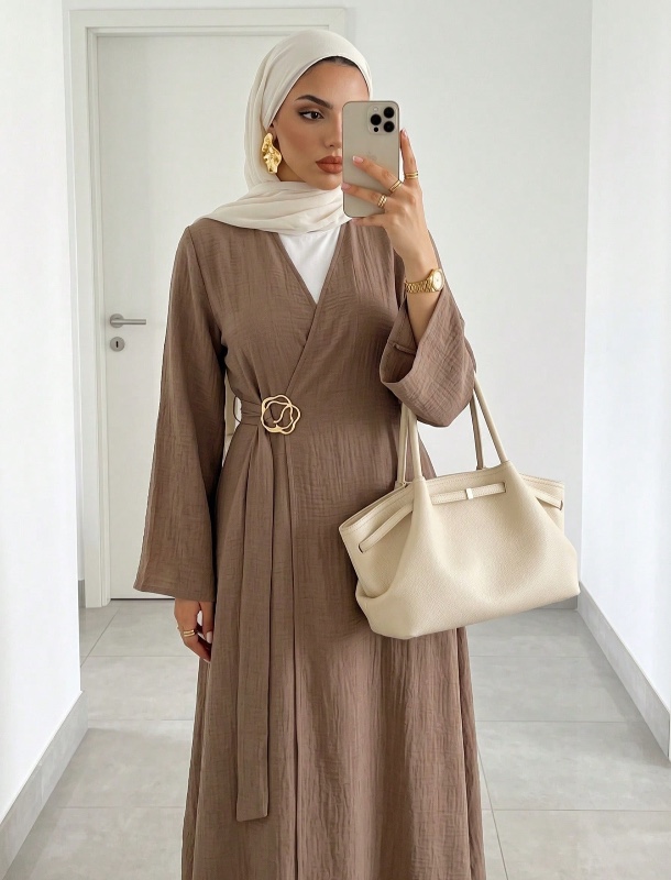 Robe abaya arabe élégante Solavon pour femme, à manches évasées et à nouer, style portefeuille.