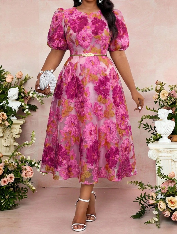 Robe Fleurora pour femme grande taille, col rond, manches courtes, rose à fleurs, élégante et ravissante