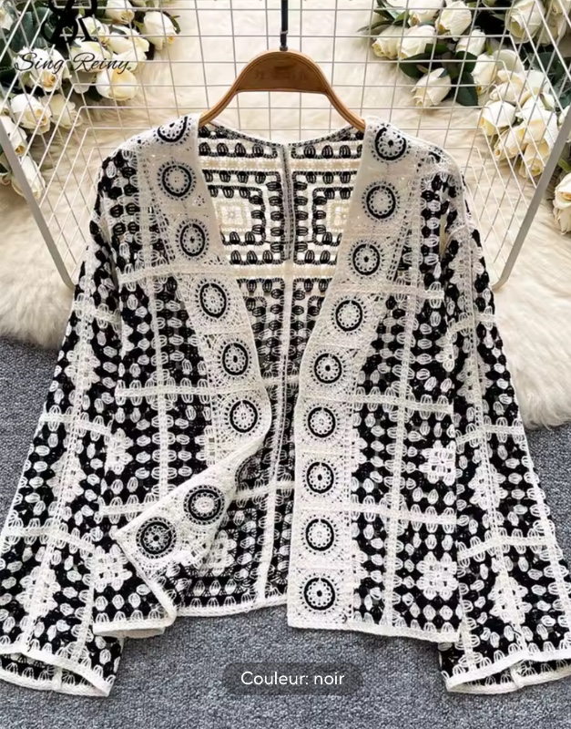 SINGREINY Vintage Boho lâche Plaid Cardigans femme manches longues crochet fleur creux hauts 2025 vacances crème solaire chemise décontractée