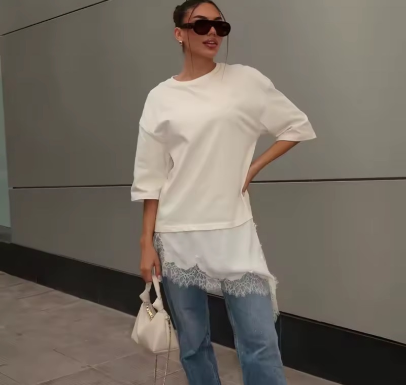 MUJER Polo dentelle femmes T-shirt asymétrique débardeurs pour femme à manches courtes drôle femme T-shirts Streetwear décontracté hauts dames