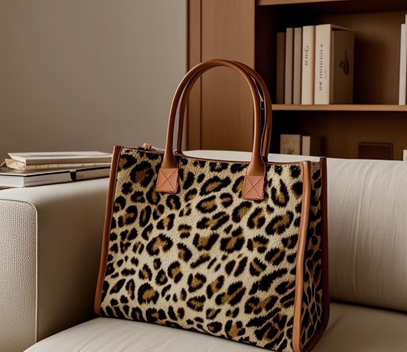 Sac à main tendance et polyvalent pour étudiants, motif aléatoire léopard, grande capacité, bordure en PU, poignée, idéal pour les voyages et les sorties, 1 pièce