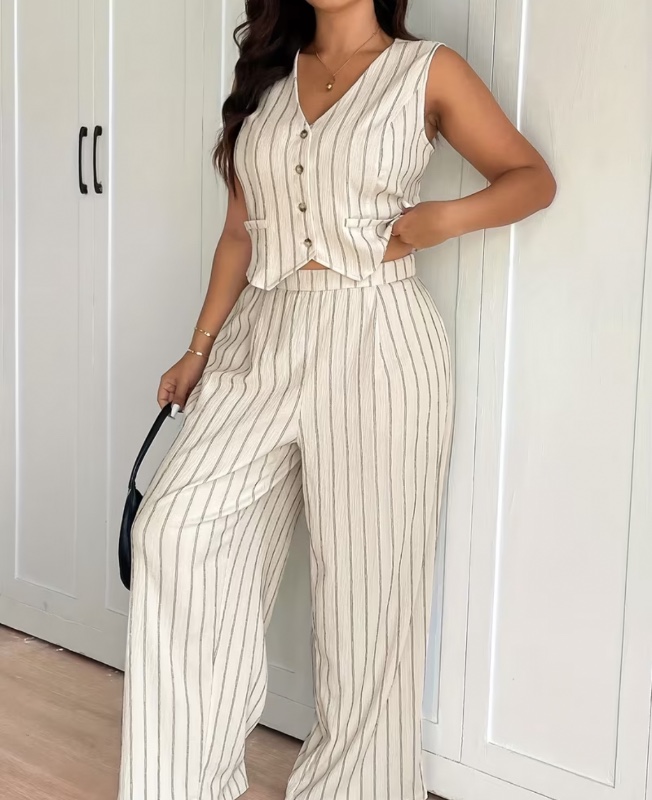 Ensemble Gilet et Pantalon à Rayures Style Français, Design Minimaliste pour l'Été