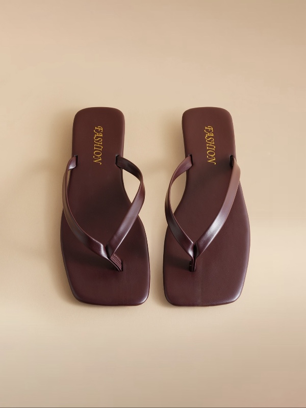 Glizzene Nouvelles sandales tongs chocolat pour femmes pour le printemps/été, à bout carré, plates et sans lacets, pantoufles décontractées à la mode pour mariage