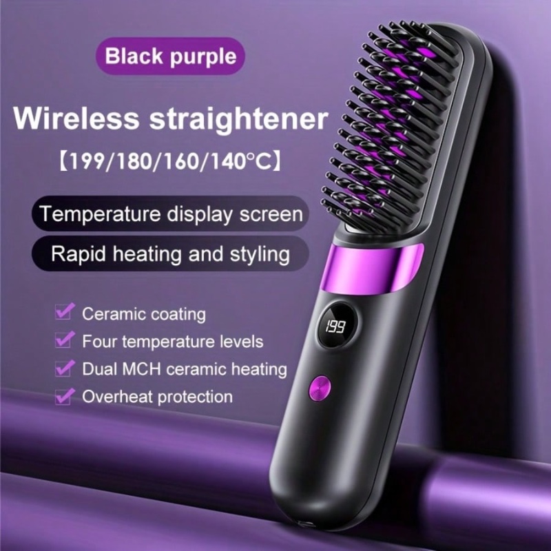 Lisseur de cheveux sans fil à ions négatifs - Peigne 2-en-1 lissant et volumisant, doté de la technologie de chauffage en céramique MCH, 4 réglages de température, recharge USB-C, affichage numérique, anti-brûlure et cadeau de voyage portable