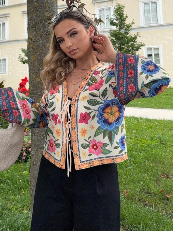 Jeta Ari Chemise femme ample à manches 3/4 avec nœud devant, imprimé tissé, coupe courte