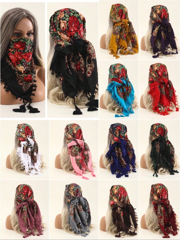 1 pièce Châle turban imprimé traditionnel pour femmes, écharpe carrée multifonctionnelle chaude et anti-poussière pour couvrir le visage au quotidien, essentiel pour la plage, les vacances et les voyages