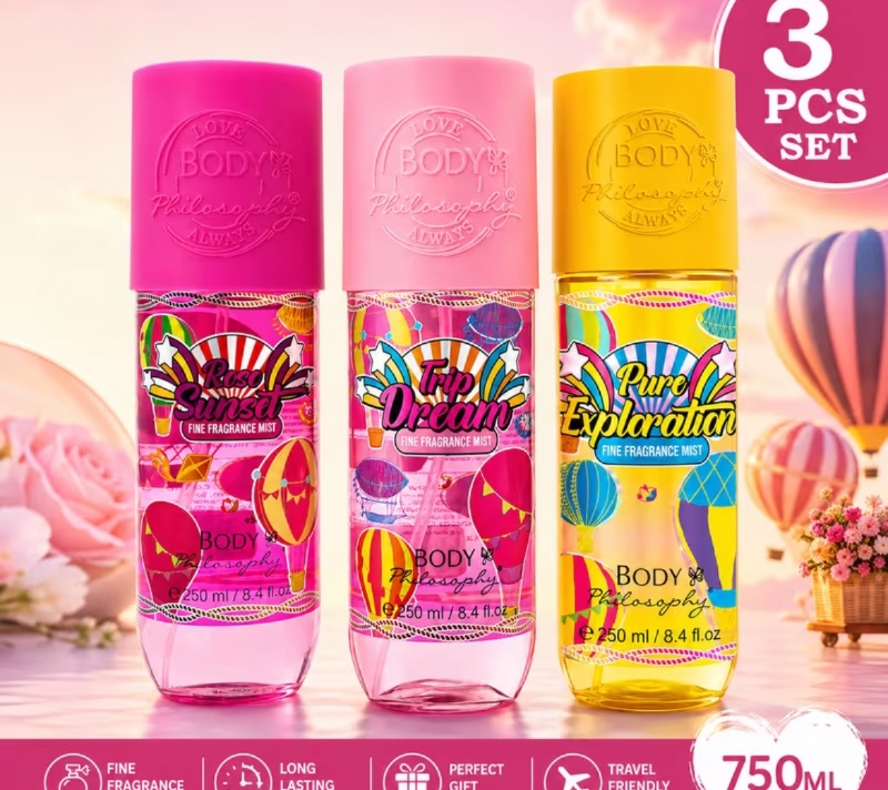 Body Philosophy Coffret 3 Brumes Parfumées 250 ml – Pure Exploration, Rose Sunset & Trip Dream
