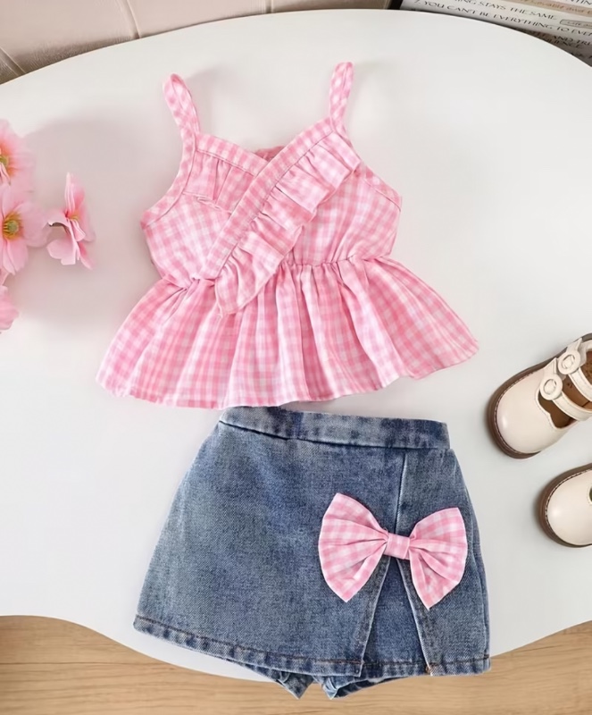 2pcs/Set Bébé Fille Printemps&Été Style Décontracté, Haut Slip Sans Manches Uni & Décoration Nœud Courte Faux Denim P102420, pour Extérieur