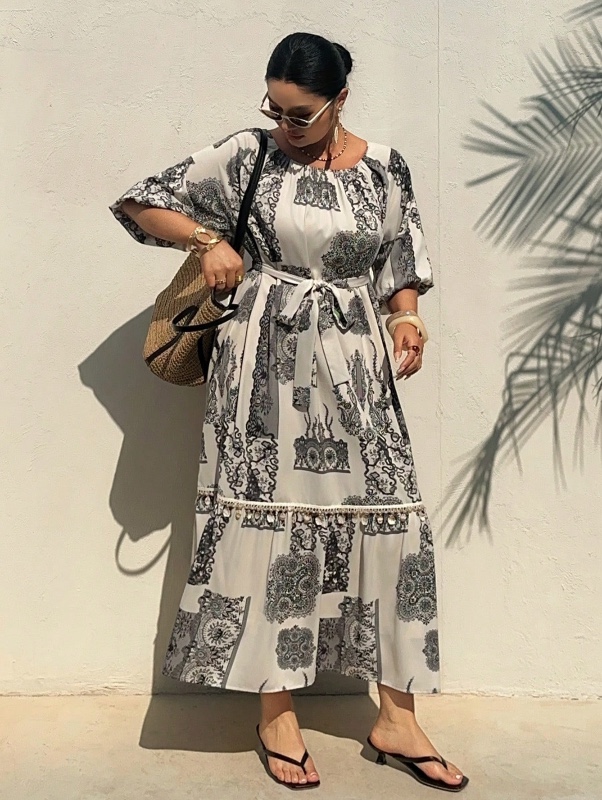 Dazy Plus Robe longue style vacances ample à imprimé floral, col rond avec cordon de serrage, grande taille pour femmes, robes bohèmes d'été/printemps pour femmes