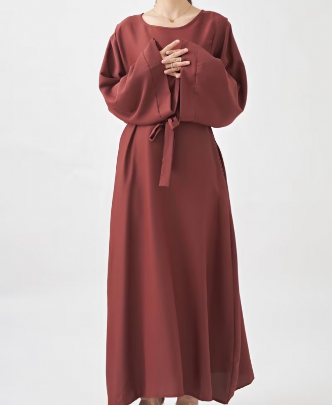 Robe Kaftan ceinturée de couleur unie, élégante robe modeste à col rond et manches longues, vêtements pour femmes.