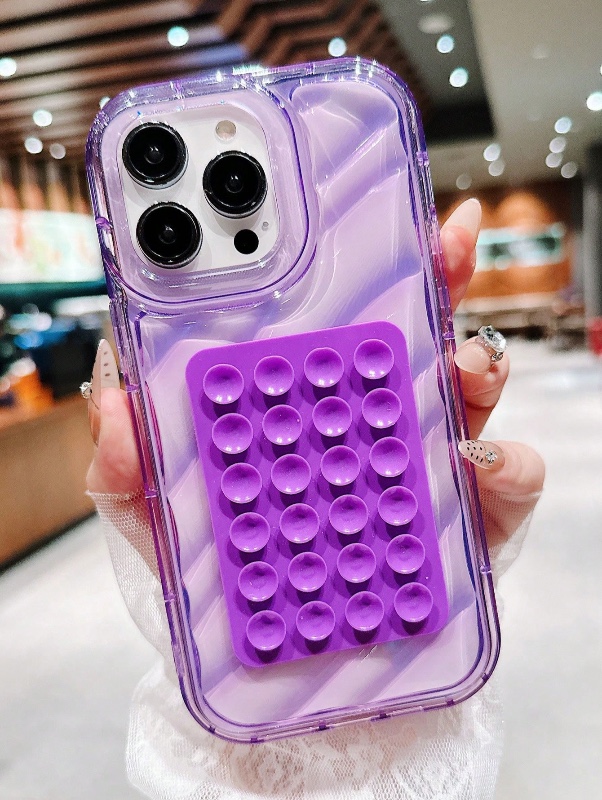 2 pièces Étui de téléphone à ventouse style vague texturée violette en silicone antichoc. Matériau transparent intérieur ondulé anti-chute + support à ventouse rectangulaire en gelée compatible avec iPhone 16 Pro Max/ 16 Pro/ 16/ 15 Pro/ 15/ 14 Pro Max/ 1