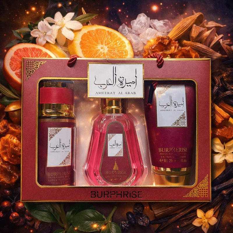 Lattafa BURPHISE Ameerat Al Arab Coffret Cadeau Femme – Parfum Oriental Floral | EDP 88ml + Spray 50ml + Crème Parfumée 88g