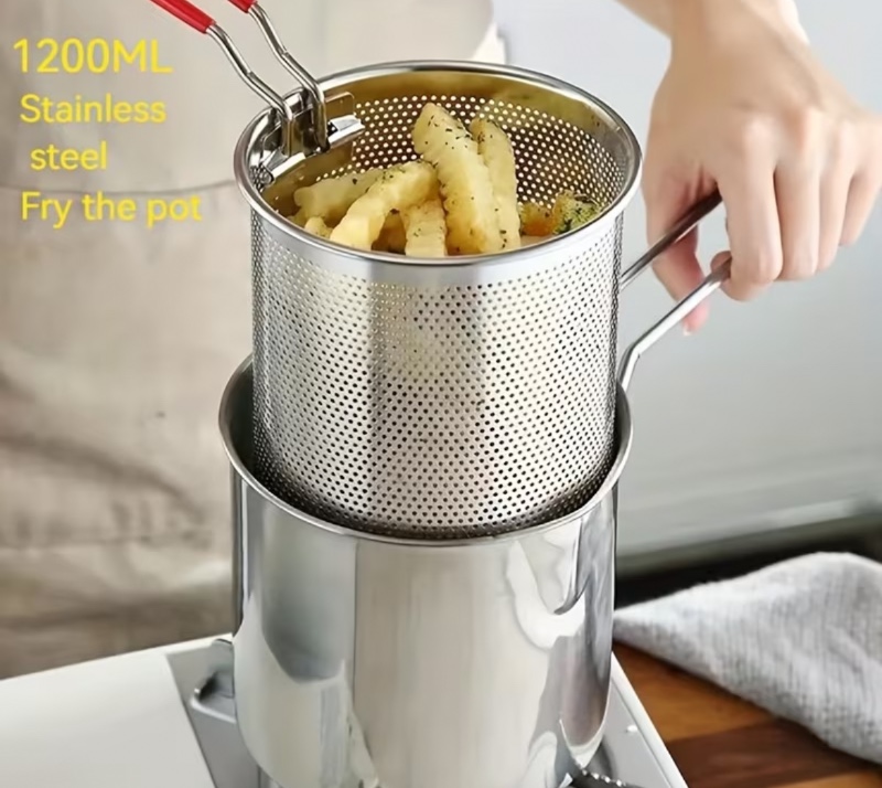 1 ensemble, friteuse en acier inoxydable avec panier, accessoire de cuisine style poisson et chips japonais, ustensile alimentaire sûr, résistant et facile à nettoyer, idéal pour les amateurs de cuisson maison et de friture, friteuse élégante