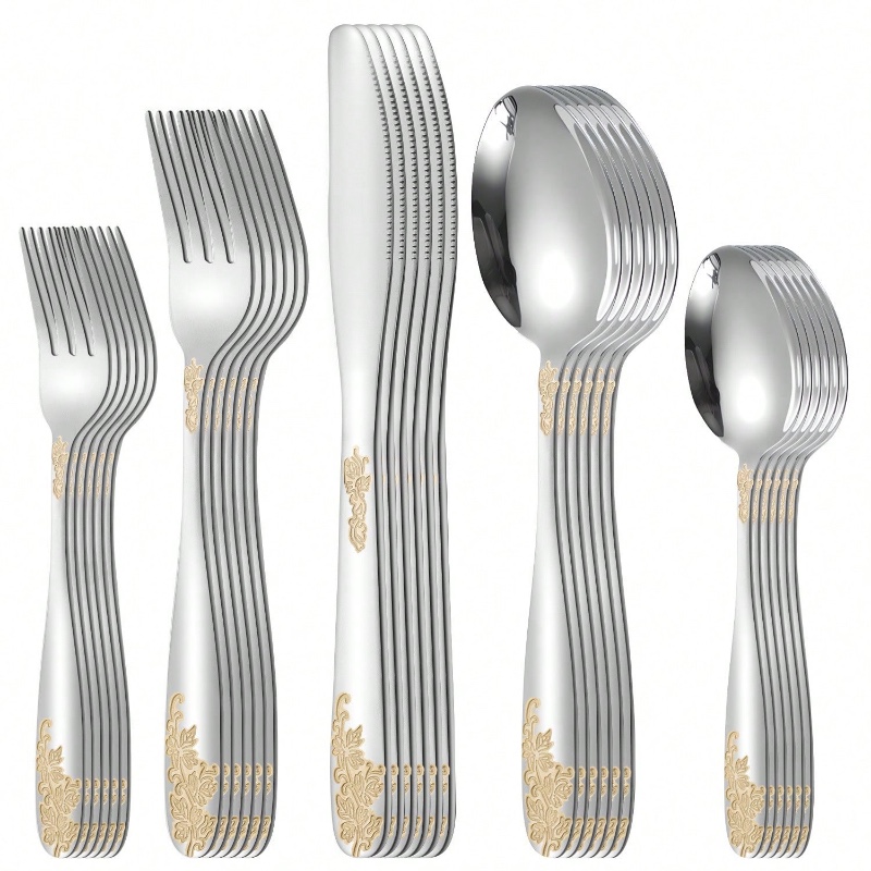 30pièces Set de couverts en acier inoxydable gaufré vintage de Noël, collection de vaisselle plate à tête arrondie pour restaurant, décoration maison multiformat.