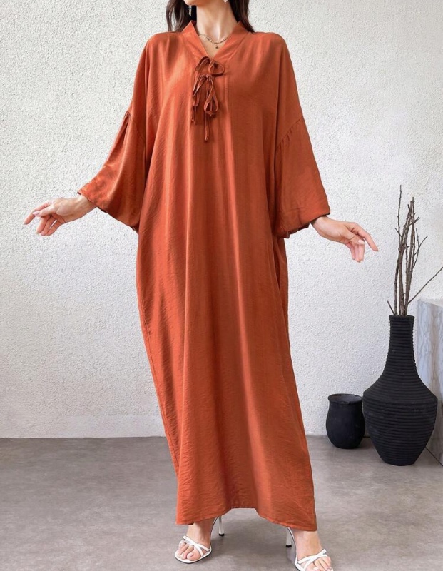 Yasmyna Robe longue élégante à manches longues et col noué de couleur unie, style abaya modeste pour femmes