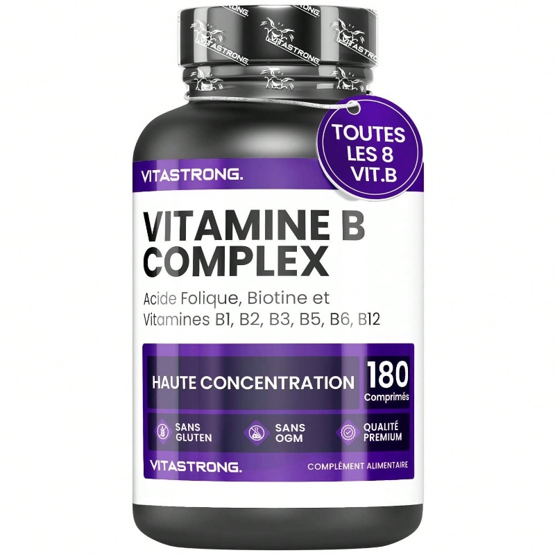 Vitastrong Complexe de vitamines B à haute concentration – 180 comprimés contenant de la biotine, de la thiamine (B1), de la riboflavine (B2), de la niacine (B3), des vitamines B5, B6 et B12, ainsi que de l'acide folique.