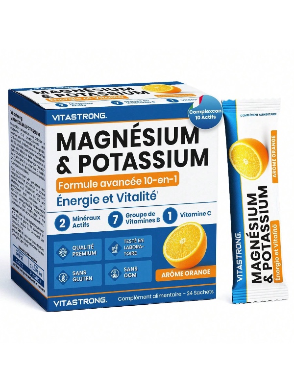 Vitastrong Magnésium et Potassium 10 en 1 – Complément multivitaminé avec vitamine C et vitamines B, 24 bâtonnets, sans sucre, sans OGM et sans gluten, saveur orange