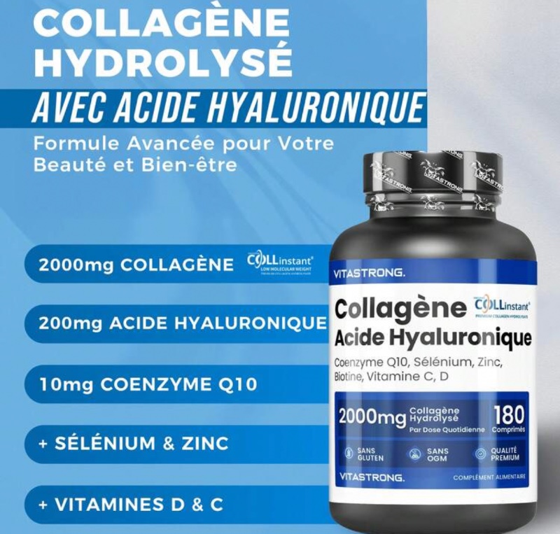 Vitastrong Collagène et acide hyaluronique 180 comprimés, collagène hydrolysé 2000 mg COLLinstant Quality, complément de collagène pour la peau, les os et les articulations