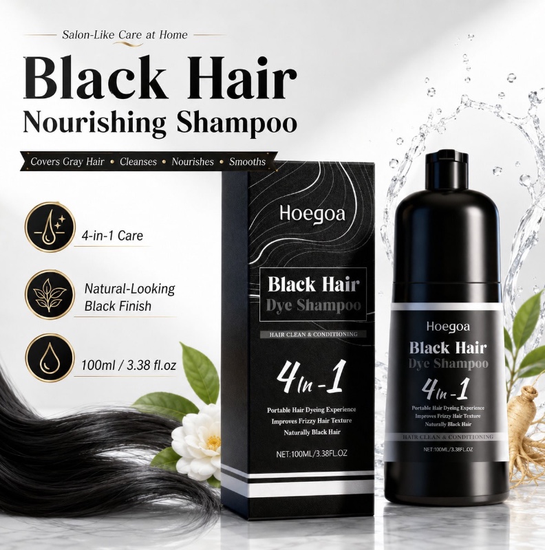 Shampooing nourrissant colorant pour cheveux noirs 100ml, shampooing 4-en-1 couvrant les cheveux gris pour hommes & femmes, aide à restaurer la couleur noire naturelle des cheveux, améliore la texture des cheveux secs et crépus, laisse les cheveux doux, l
