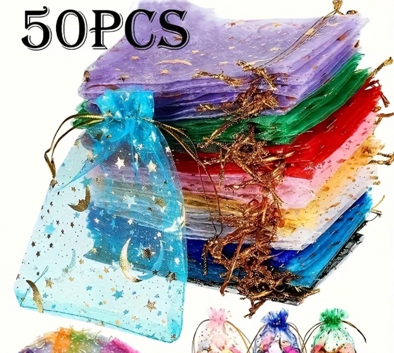 Cadeau pour elle/lui 50pcs Sacs à bonbons en maille avec motif lune et étoile, Sacs de rangement multicolores à cordon, Sacs d'emballage transparents, Couleurs mélangées aléatoires, Convient pour les sacs-cadeaux de mariage, fête.