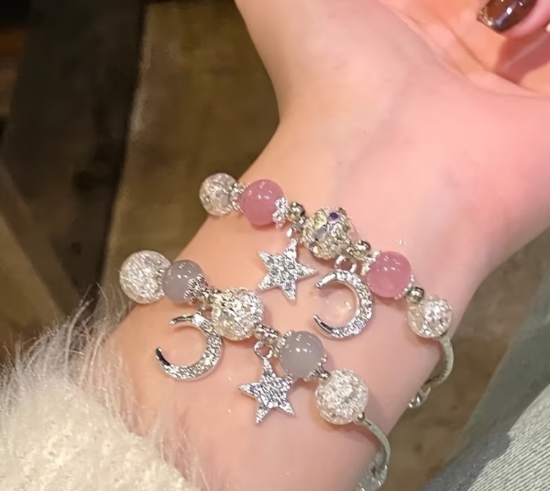 2 pièces Bracelet Étoile et Lune pour Femmes, Perles Roses et Grises avec Pendentif Étoile et Lune, Design Unique Bijou Meilleure Amie, Style Doux et Éthéré INS, Accessoire Polyvalent Quotidien