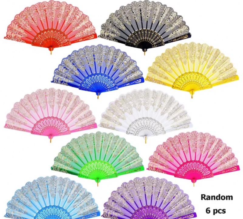 Lot de 6 Éventails Pliants à Main de Couleurs Aléatoires, Éventails à Main en Plastique Style Espagnol Dentelle à Motif Paon, Convient pour Mariages, Fiançailles, Danse, Fêtes d'Anniversaire et Jeux de Rôle, Piles Non Incluses