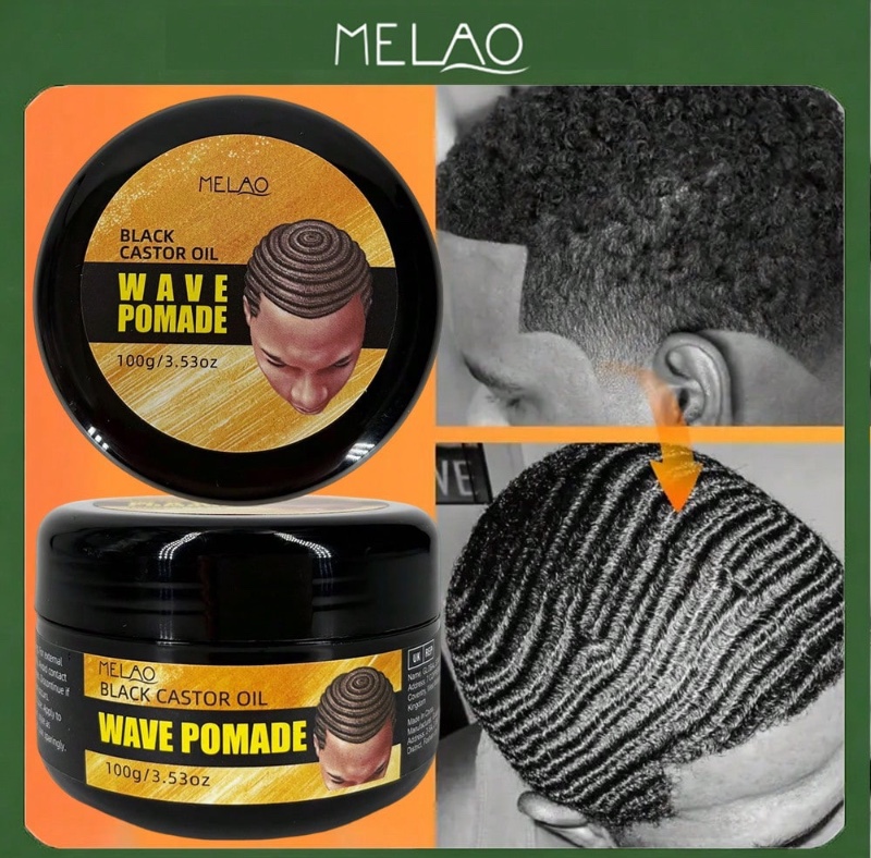 Pommade ondulée à l'huile de ricin noire, Pommade ondulée MELAO à tenue forte pour les vagues à 360°, définit les boucles et les vagues, brillance élevée, 100g/3,53oz