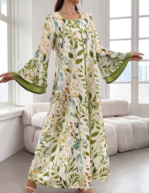 Al Najma Robe modeste élégante à longues manches évasées avec imprimé arabe pour femmes, motif végétal