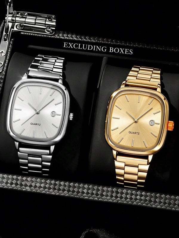 2 pièces/Set Montre de luxe pour hommes d'affaires, comprenant une montre avec bracelet en acier inoxydable carré argenté/doré avec cadran minimaliste à aiguilles et fenêtre de date. Le cadran mat et le bracelet en acier dégagent un style d'élite des affa