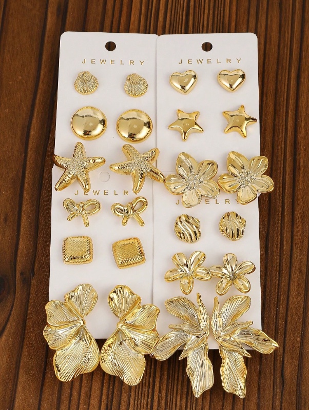 12 paires/set Ensemble de boucles d'oreilles vintage plaquées or, en forme de cœur & fleur