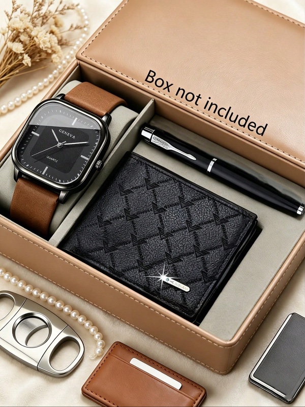 3 pièces Ensemble de montres mode affaires pour hommes, comprenant une montre carrée à quartz avec boîtier noir, cadran noir et bracelet  marron, un portefeuille court  noir avec motif diamant gaufré et un stylo signature d'affaires. La montre présente un