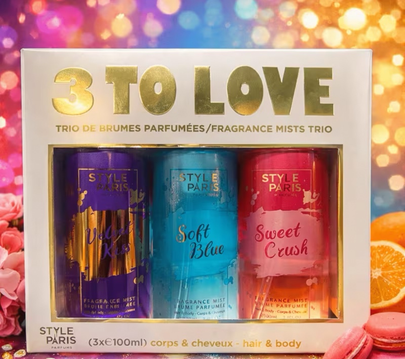 Coffret Beauté Femme 3 Brumes Parfumées 100ml Soft Blue Velvet Kiss Sweet Crush – STYLE PARIS