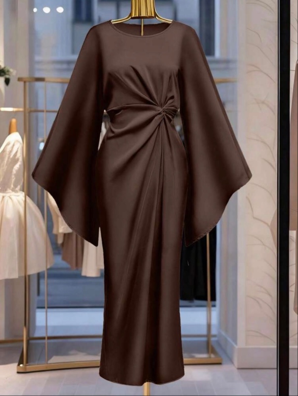 Franclia Robe de soirée en satin couleur champagne, design torsadé col rond, manches évasées ajustées longues, idéale pour les événements/fêtes formels