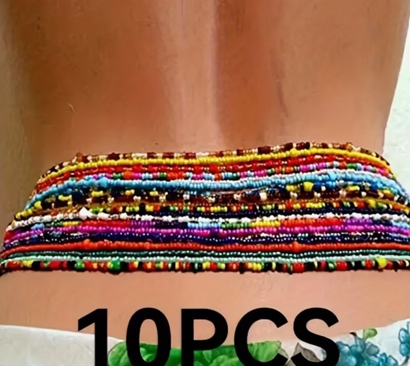Lot de 10 pièces, Chaîne de taille bohème élastique en perles rocailles pour femme, Accessoires de bijoux de corps esthétiques et  pour bikini d'été, Matériau plastique, Les couleurs des perles rocailles sont aléatoires et peuvent varier