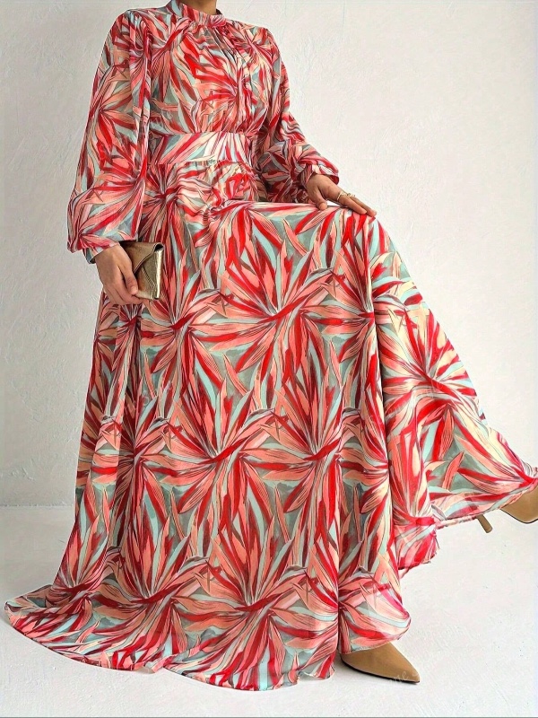Robe longue caftan à col rond imprimée, robe fluide élégante à manches longues et coupe évasée, pour femmes en vacances au printemps