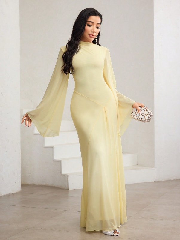 Veilorie Robe évasée à manches évasées, col oblique drapé, ourlet asymétrique