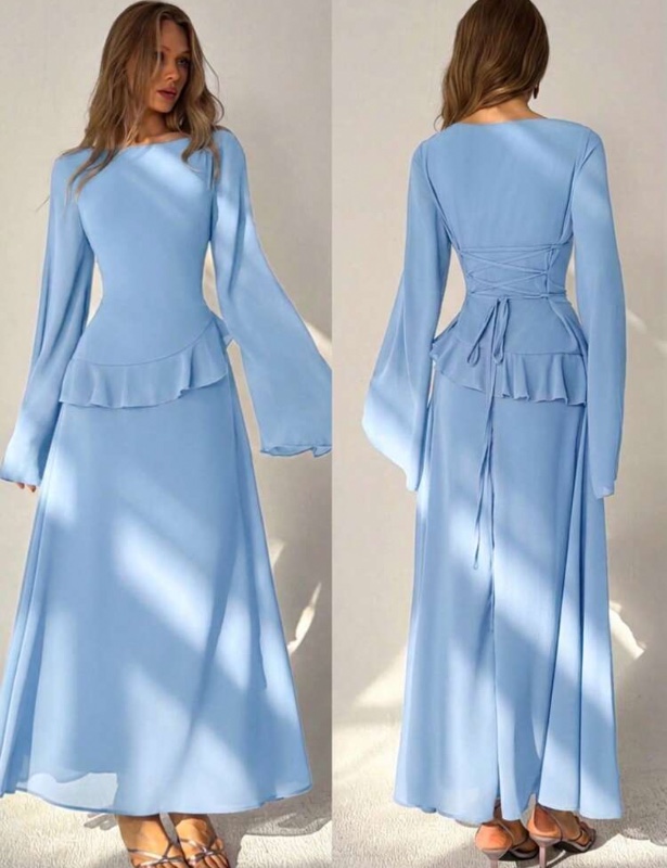 Aloruh Robe élégante pour femmes avec manches évasées, volants et taille cintrée, bleu clair, robe de soirée de mariage d'automne, robe d'invitée de mariage pour femmes